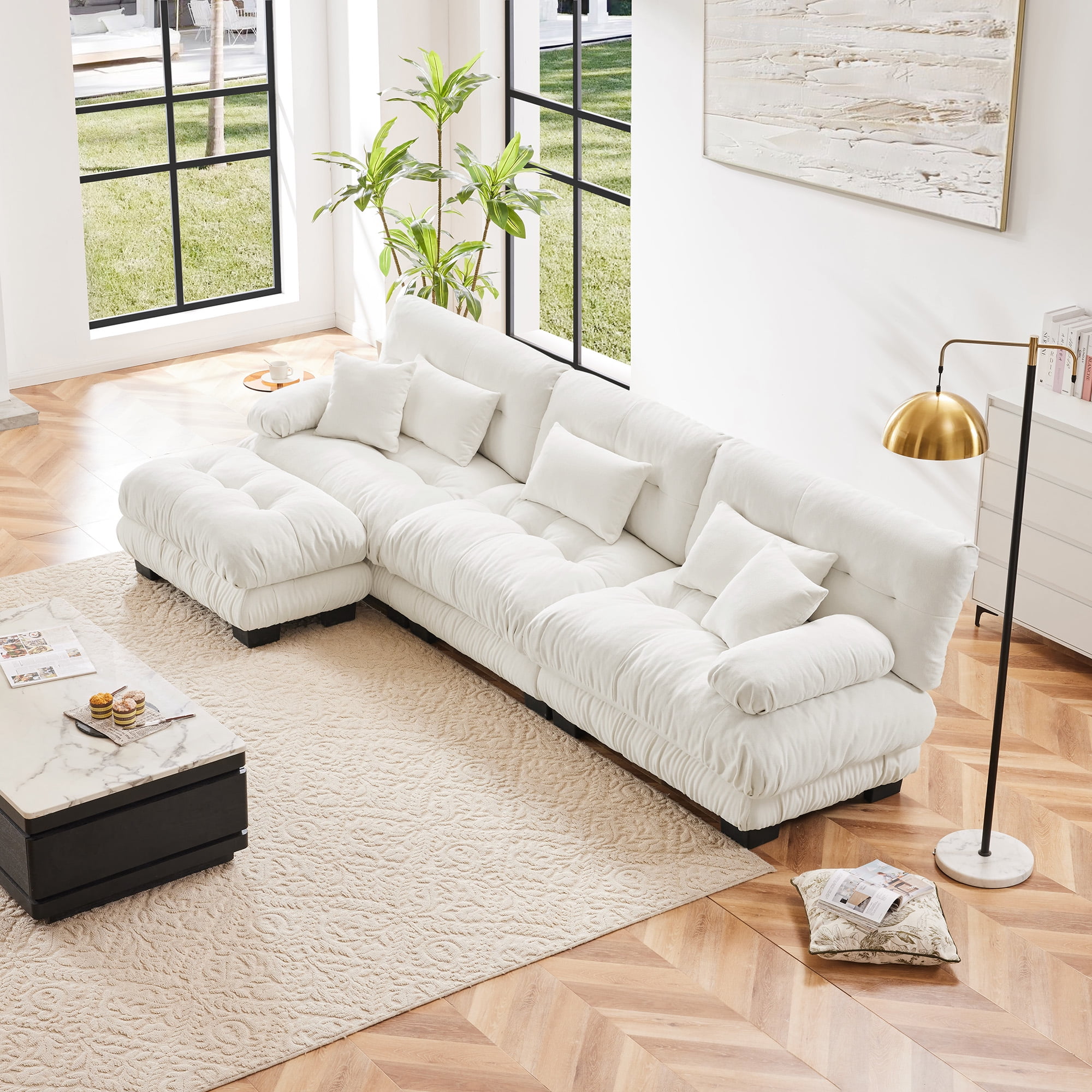 Gewnee Luxury Chenille Deep Seat White Modular Sectional Sofa Couch with Convertible Ottoman,Couch,Oversized L Shaped Cloud Couch for Living Room