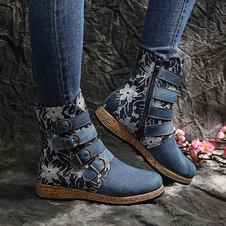 

Womens Boots Warm Shoes Zipper Keep Middle Embroidery Booties Retro Flat Round Toe Print Women Flowers Women s Boots Blue 9.5 Boots for Women