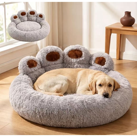 Renyuanyuan Round Calming Dog Bed, Paw-Shaped Plush Donut with Raised Rim, for Small and Medium Dogs, 23.62in