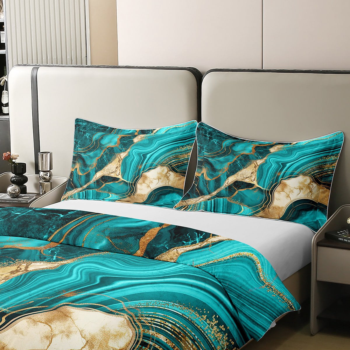 Erosebridal Green Gold Marble Duvet Cover King, Marbling Crack Print Bedding Set For Women, Abstract Metallic Texture Comforter Cover, Luxury Shinny Room Decor Boho Hippie Fluid Quilt Cover Cover