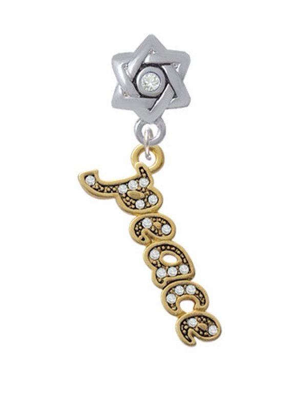 Gold Tone Script ''Peace'' with Clear Crystals - Star of David with Clear Crystal Charm Bead