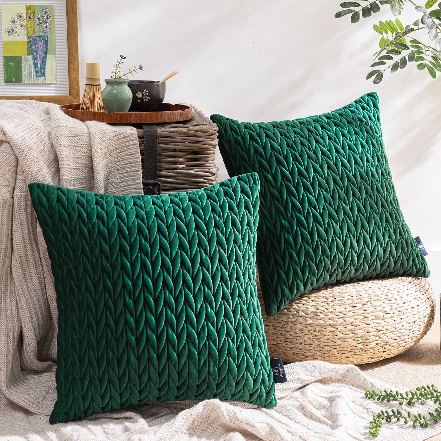 Holiday Deal Selection Phantoscope Quilted Velvet Braid Textured Pleated Decorative Throw Pillow Cover for Bed and Couch, 18" x 18", Dark Green, 2 Pack