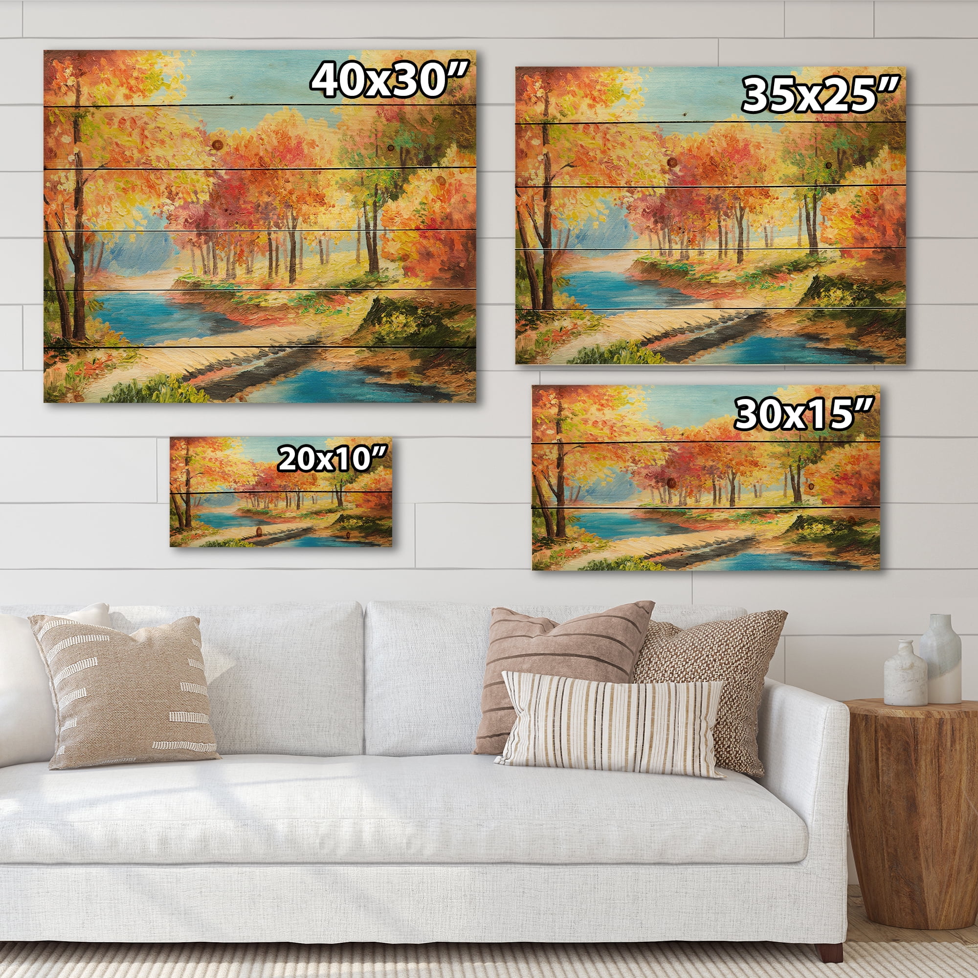 Designart 'Orange and Yellow Trees By The Riverside' Lake House Print on Natural Pine Wood