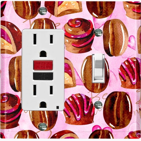 Metal Light Switch Wall Plate Outlet Cover (Coffee Mocha Candy Bean Toffee Swirl Pink Heart - Single Rocker Single Toggle)