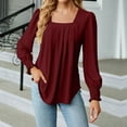 thumbnail image 2 of XFLWAM Womens Fall Puff Long Sleeve T Shirts Blouses Square Neck Pleated Tops Dressy Casual Tunic Tops with Smocked Cuffs Wine Red XXL, 2 of 4