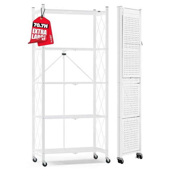 70.7" H Metal Storage Shelves, 5 Tier Folding Shelf on Wheels, Heavy Duty, No Assembly, Rolling, Collapsible Rack Unit for Kitchen, Basement, Pantry (White,1 Pack)