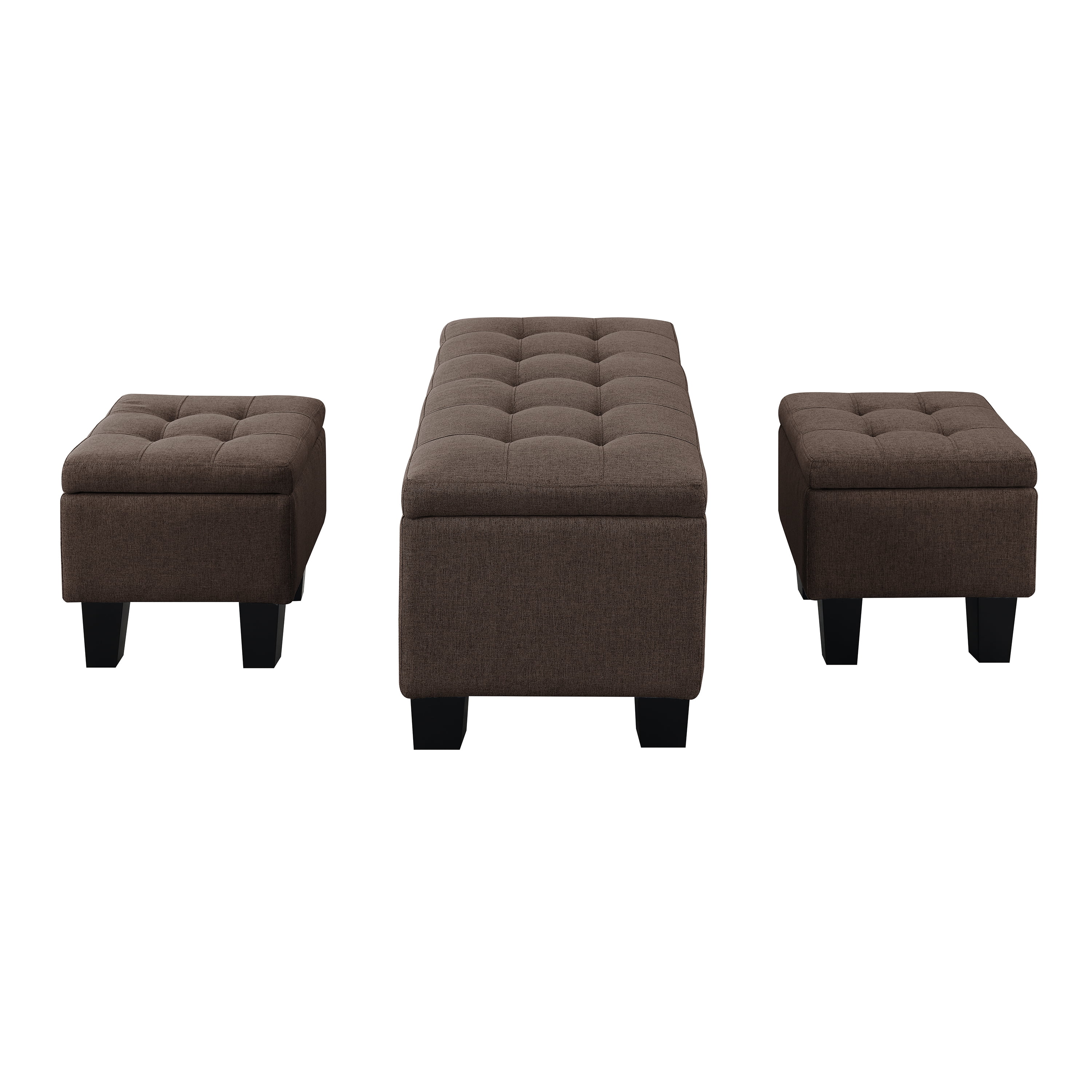 AC Pacific Tufted Upholstery Storage Bench with Matching Ottomans, Brown, 3pcs
