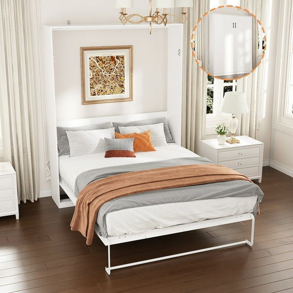 Oxylife Queen Size Murphy Wall Bed, Modern Space-Saving Bed Cabinet Foldable Platform Bedframe for Guest Room Home Office, White 87.1”L x 64.6”W x 85.6”H
