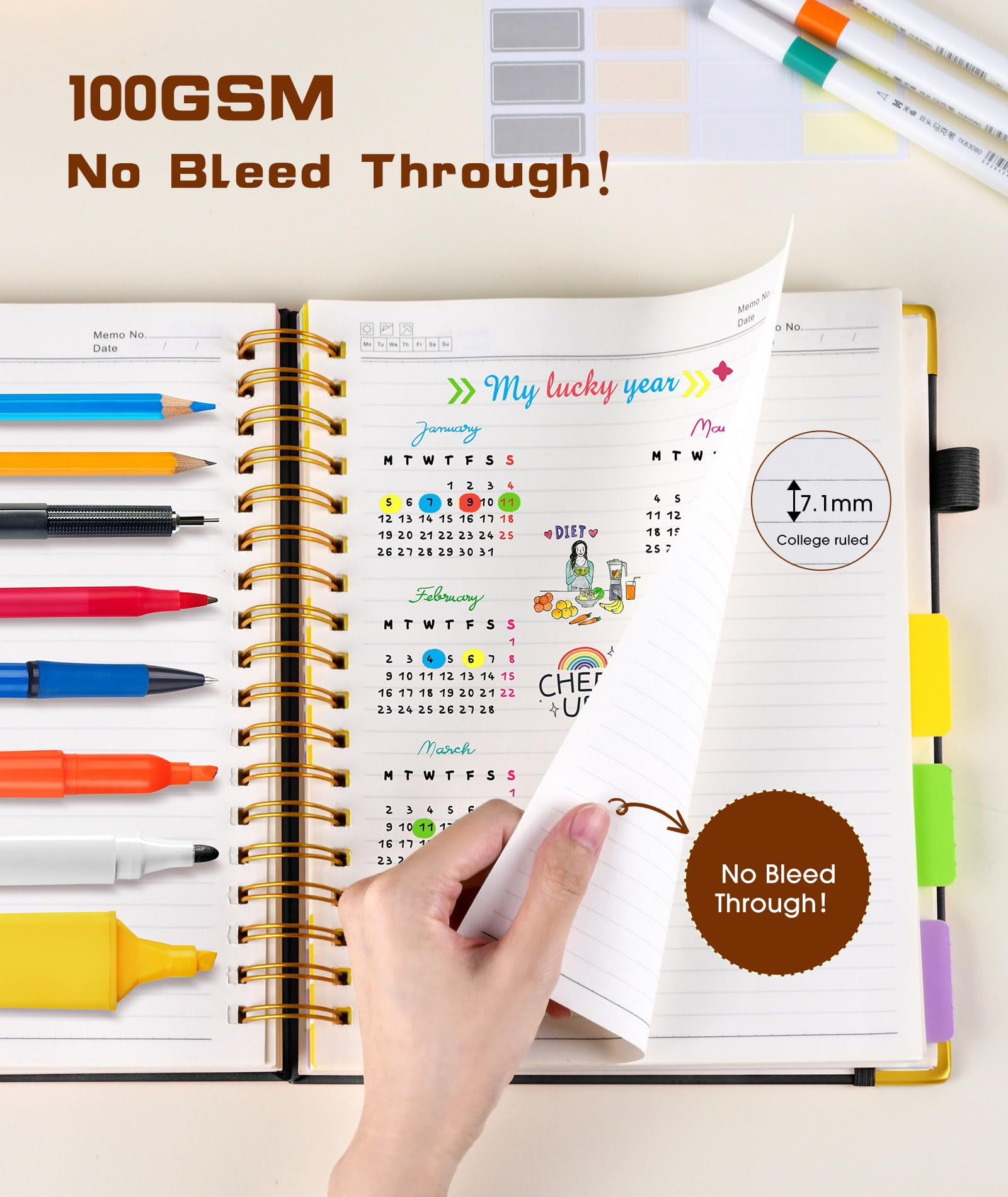 Notebook Journal with Removable Dividers Tabs, 300 Pages Leather 5 Subject Notebook College Ruled, 8"x10" Large B5 Notebooks for Work School Note taking, Lined Journal for Women