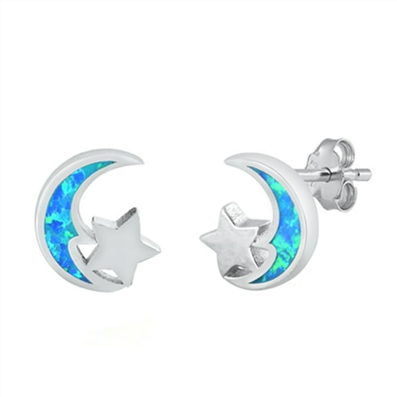 Sterling Silver Crescent Moon Star High Polish Earrings Blue Simulated Opal 925 Jewelry Female