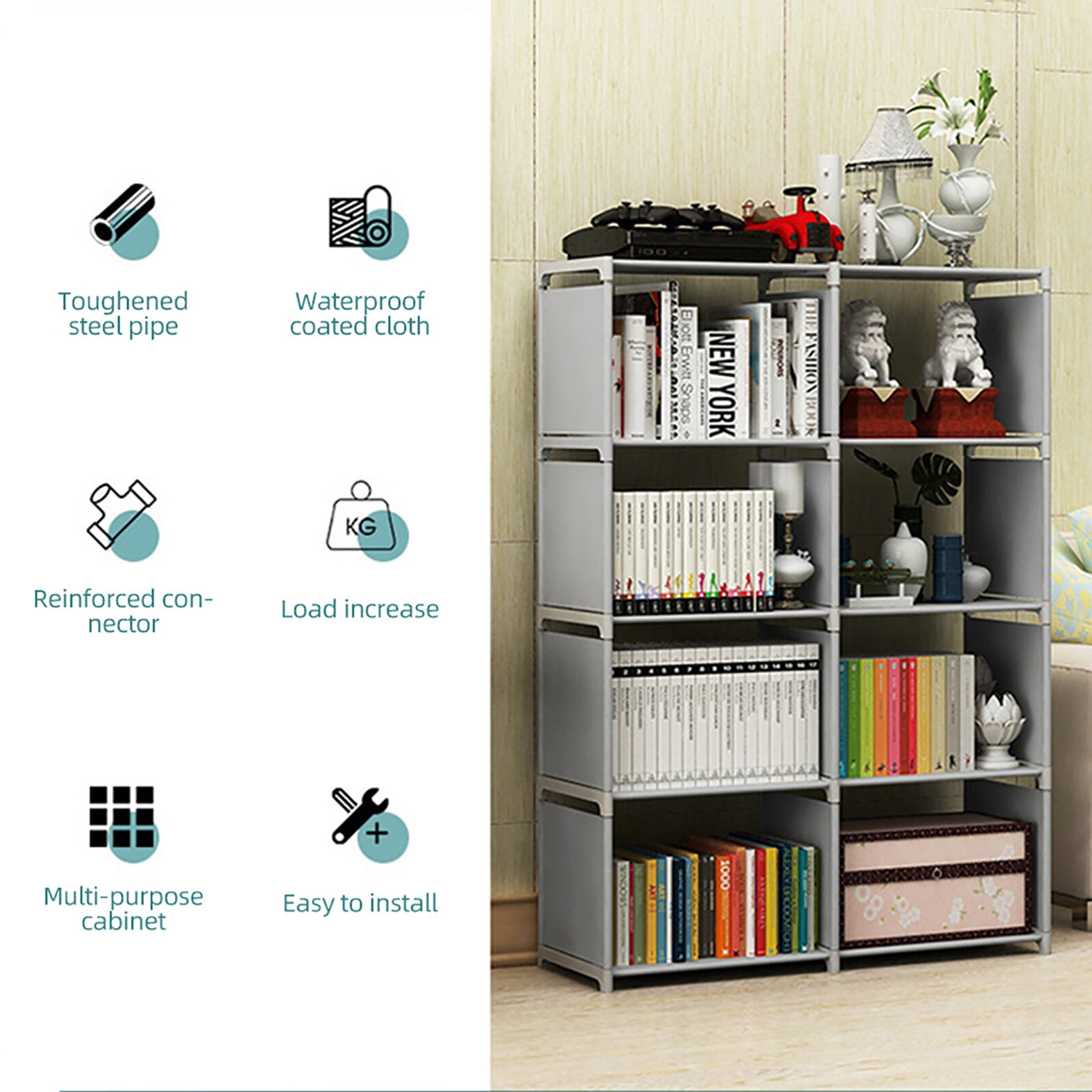 DIY 5-Tier Book Shelf 8 Cube Storage Organizer Cubes Organizer Shelves for Bedroom/Living Room/Office/Closet/Study Room
