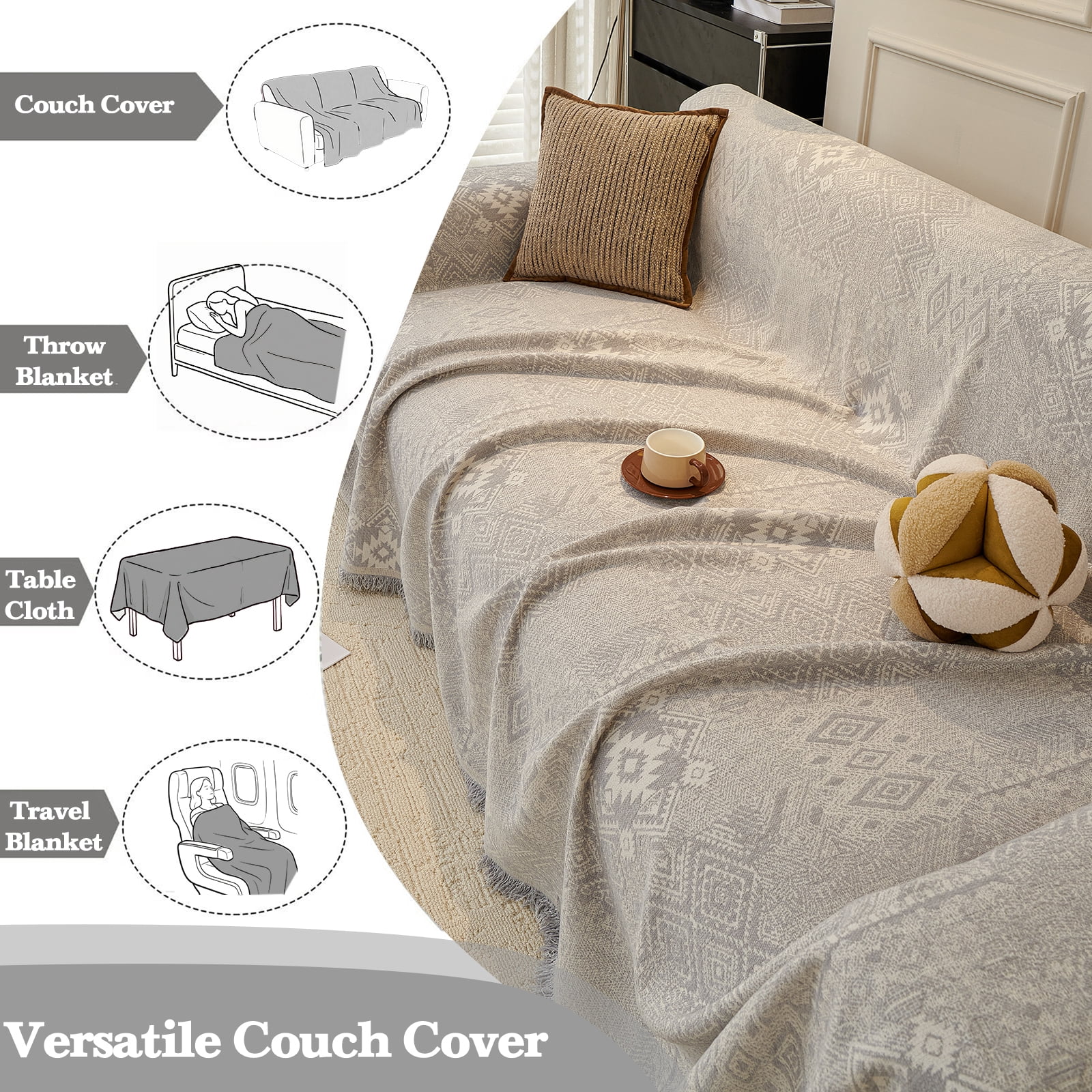 Sanmadrola Reversible Sofa Covers for 3 Cushion Couch, Geometric Jacquard Chenille Slipcover, L Shape Sectional Couch Cover with Tassels, Washable Furniture Protector for Dogs Cats Pet, 71"x118"
