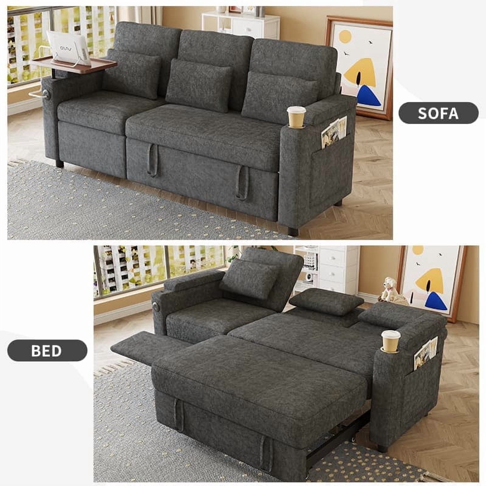 Aukfa 83" Convertible Sofa Bed, Chenille 3-Seater Pull-Out Sleeper Couch with Recliner, USB Port, Swivel Table & Storage Armrests,Gray
