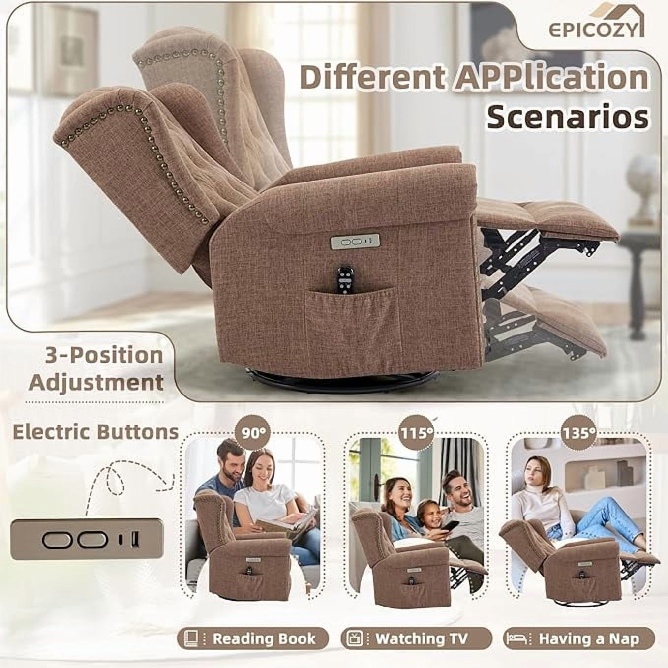 EPICOZY Power Swivel Rocking Glider Recliner Chair with Massage and Heat, Electric Nursery Glider Rocker for Living Room, Wingback Tufted Upholstered Recliner Chair with Type-C & USB Ports, Brown