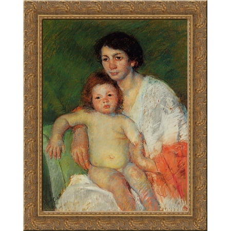 Nude Baby on Mother's Lap Resting Her Arm on the Back of the Chair 20x24 Gold Ornate Wood Framed Canvas Art by Cassatt,