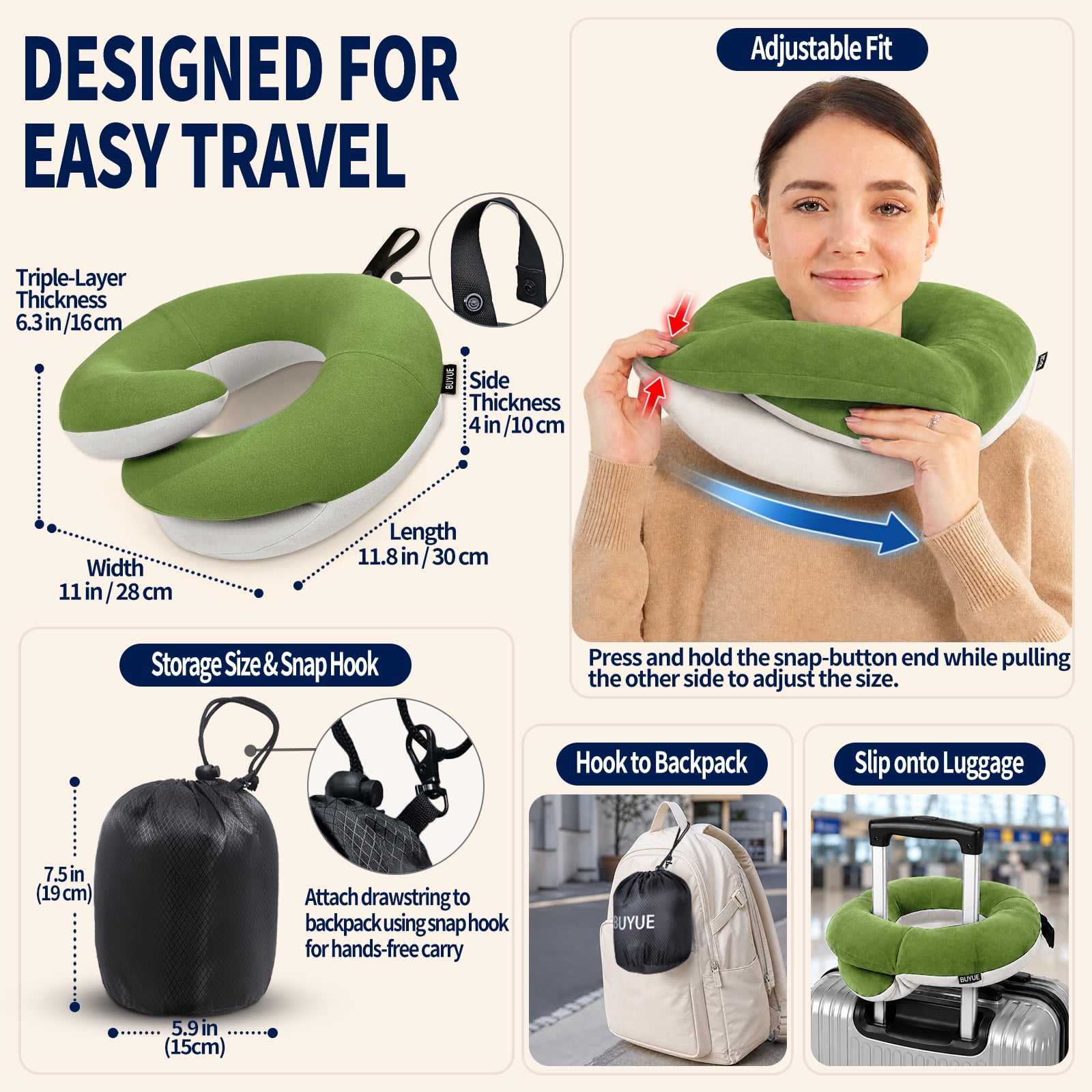 BUYUE Travel Neck Pillows for Airplanes, 360° Head Support Sleep for Long Flight, Skin-Friendly & Breathable, Kit with 3D Contoured Eye Mask, Earplugs and Storage Bag (Adult, Green, 90+ lbs)