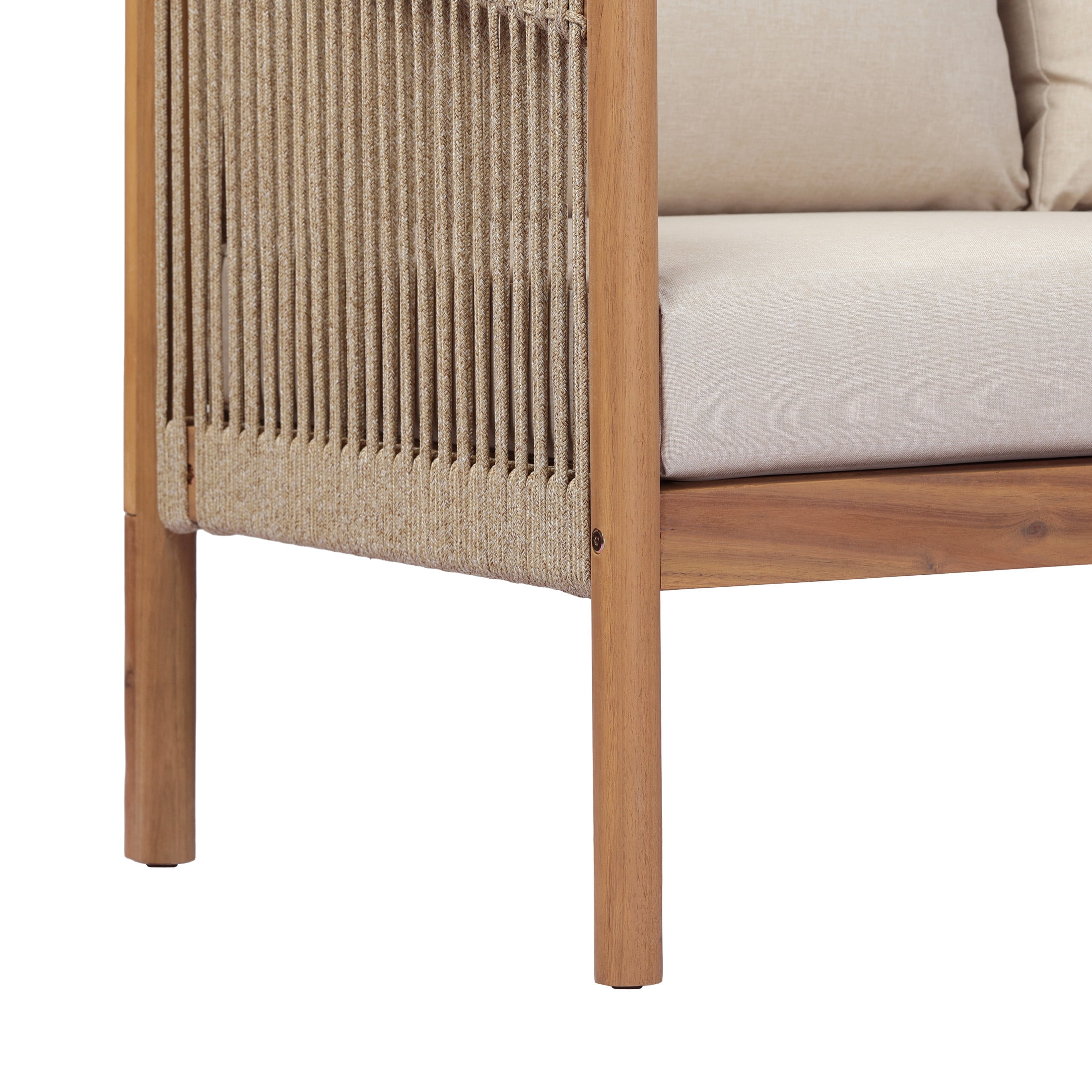 Christopher Knight Home Outdoor Acacia Wood Sofa with Rope Back, 3 Seats, Thick Beige Cushion, Light Teak
