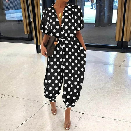 

Rompers for women Leopard Jumpsuit Female Retro Female Short-Sleeved Button Casual Pants Loose Fragarn