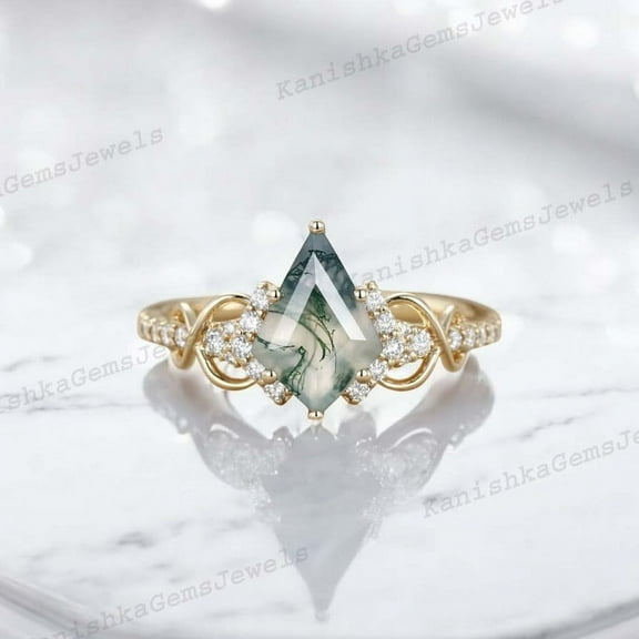 KANISHKAGEMS&JEWELS 1.5Ct 9x7mm / Kite Cut Moss Agate Ring CZ Diamond Twisted Proposal Jewelry Nature Inspired Ring Anniversary Gift Ring
