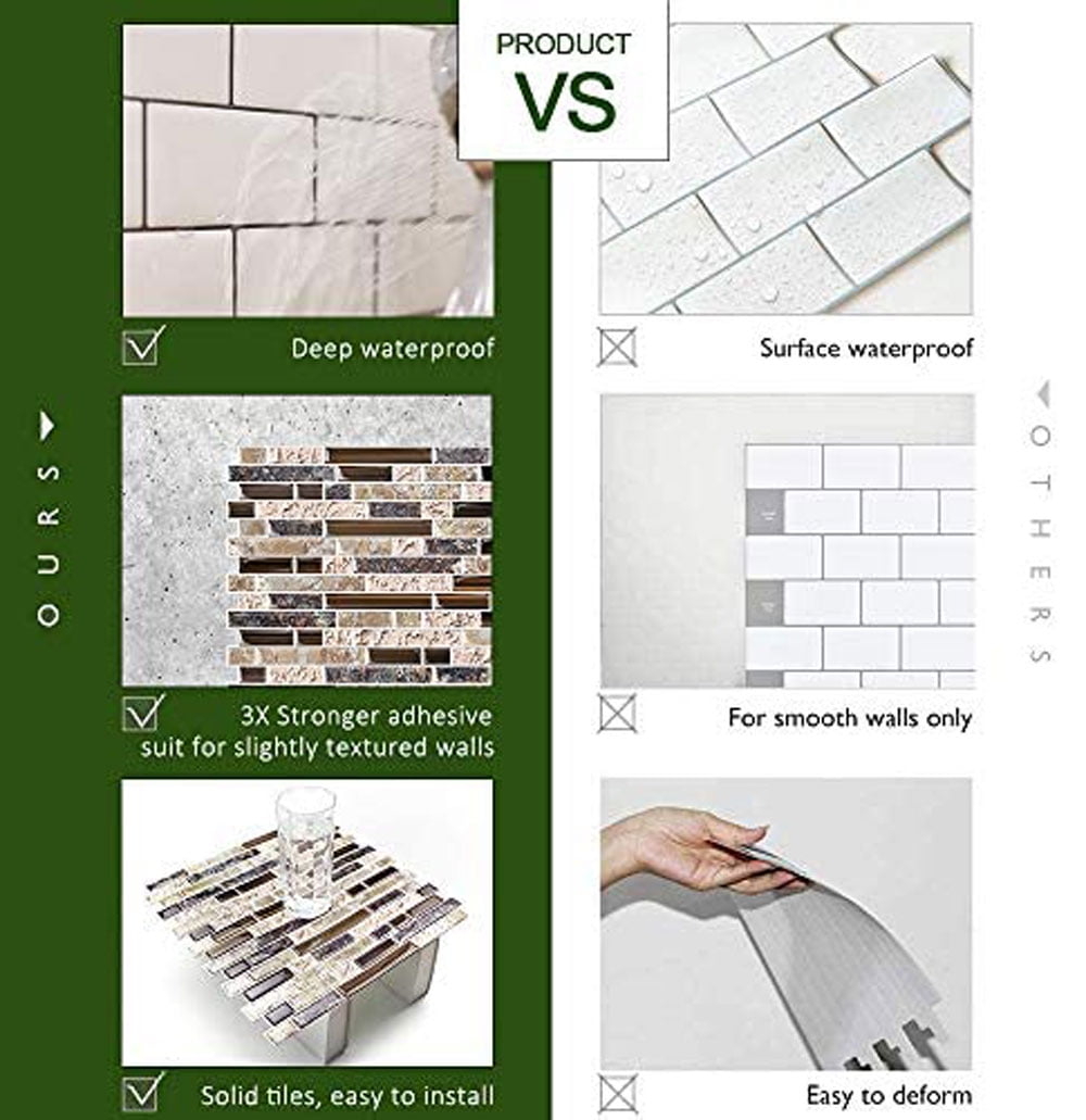 Peel And Stick PVC Backsplash Tiles - 10 Sheets, Self Adhesive, Water Resistant For Kitchen Bathroom