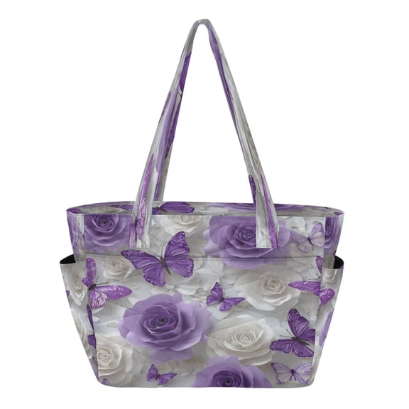 Quilted Tote Bag Large Capacity Multi-Compartment Handbag Lightweight Structured Shoulder Bag Versatile Casual Bag Purple Butterflies and White Roses