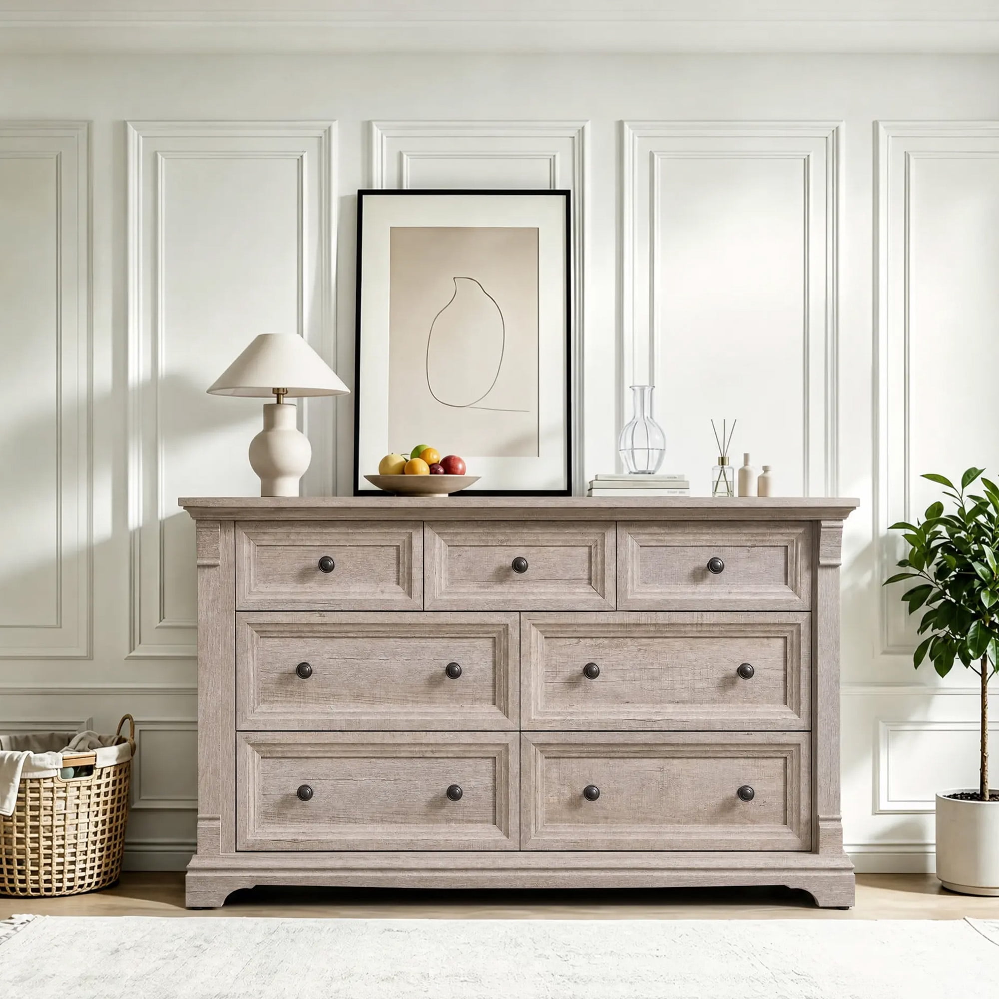 KeyWhat 54" Farmhouse 7-Drawer Dresser with Handles for Bedroom, Living Room , Hallway