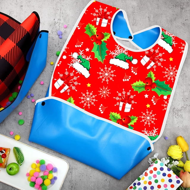 Babero de Comedor para Adultos Mayores, Impermeable y Resistente Al Aceite | Delantal Desmontable Tridimensional Portátil | Estampado Navideño Rojo | Tamaño: 78 X 44 Cm | Material: Plástico