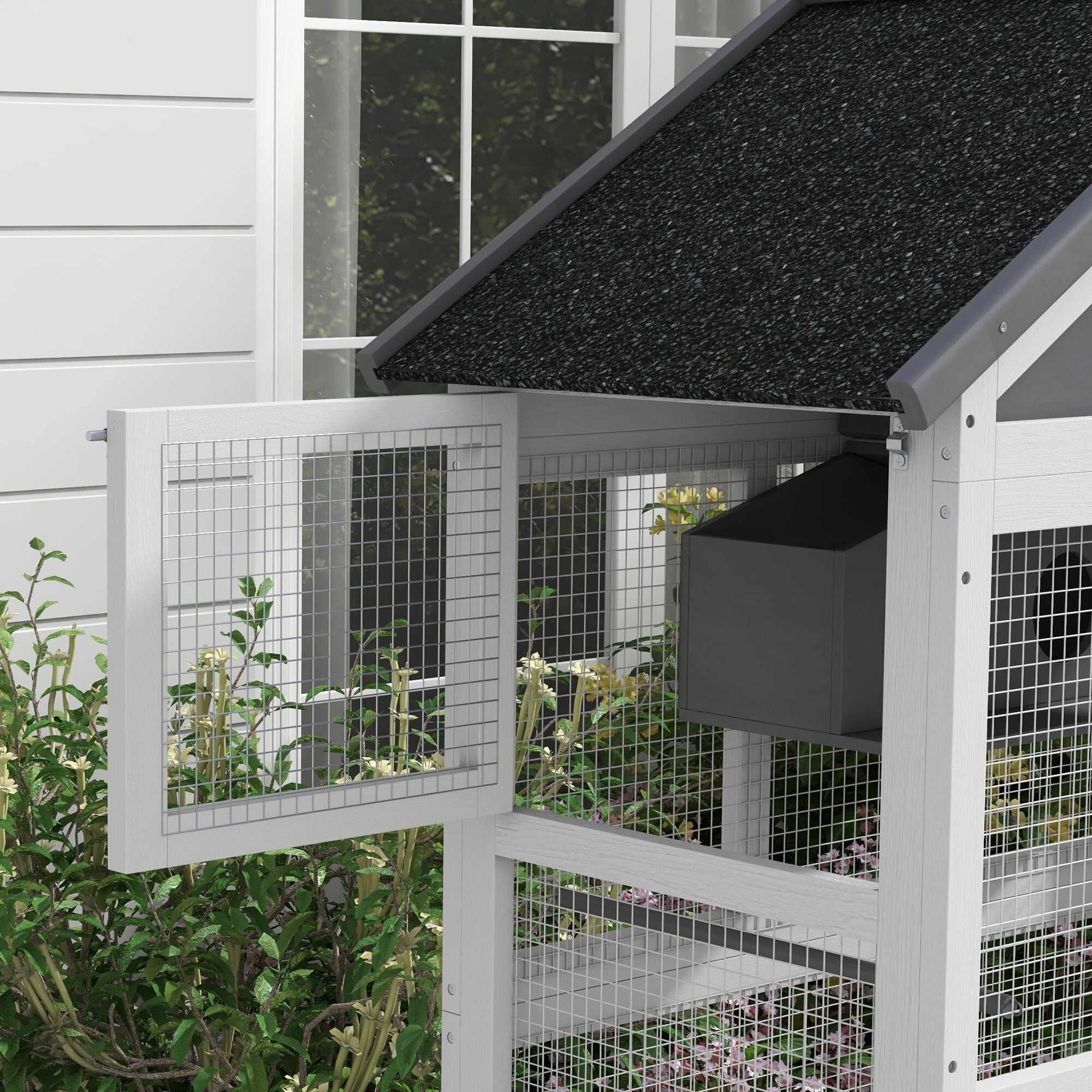 Dog Crate, PawHut Wooden Bird Aviary, 67" Outdoor Bird Cage with Slide-Out Tray, Three Doors, Birdhouse, Ladder, Perches for Finches, Parakeets, Gray, Gray Pet Playpen,Wood Chicken Coop