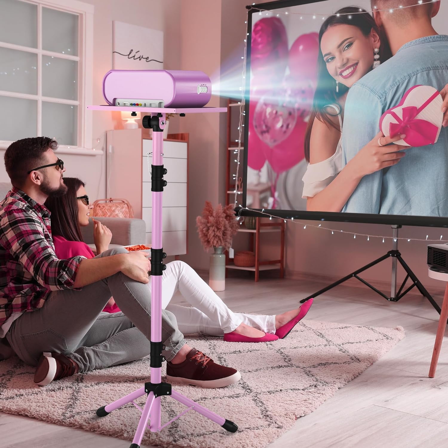 Projector Stand Tripod, Laptop Tripod Stand Adjustable Height from 23.5 to 63.5 inches with Gooseneck Phone Holder, Laptop Floor Stand for Office, Home, Stage, Studio, DJ Racks Holder Mount,Pink
