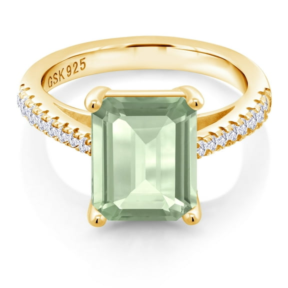 Gem Stone King 3.16 Cttw Green Prasiolite and White Created Sapphire 18K Yellow Gold Plated Silver Ring for Women | Gemstone Birthstone | Emerald Cut 10X8MM | Available in Size 5, 6, 7, 8, 9