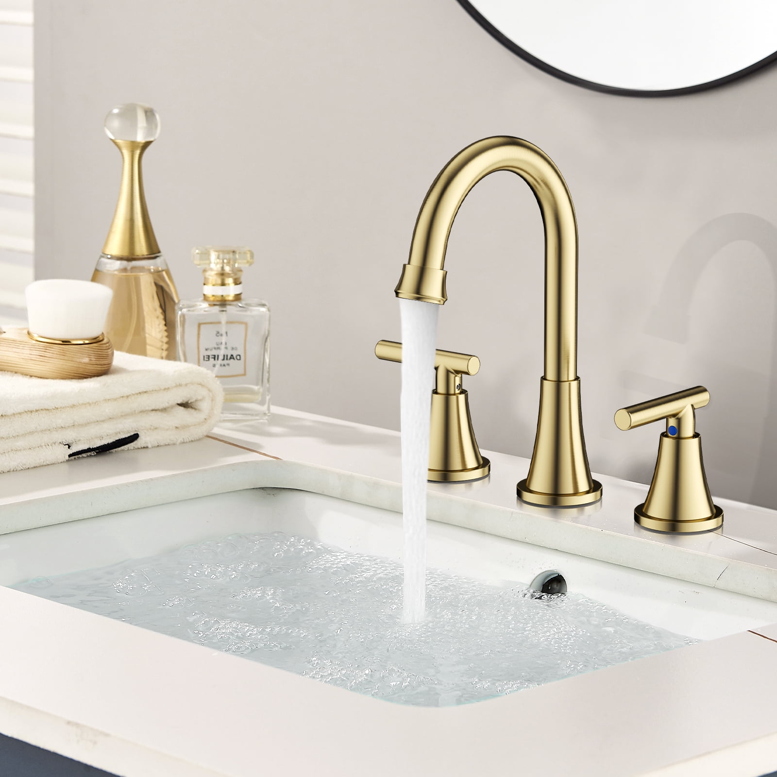 KINGTACK Bathroom Faucet for Sink 3 Hole, 8 Inch Bathroom Faucets with Pop-up Drain and Supply Lines, Brushed Gold