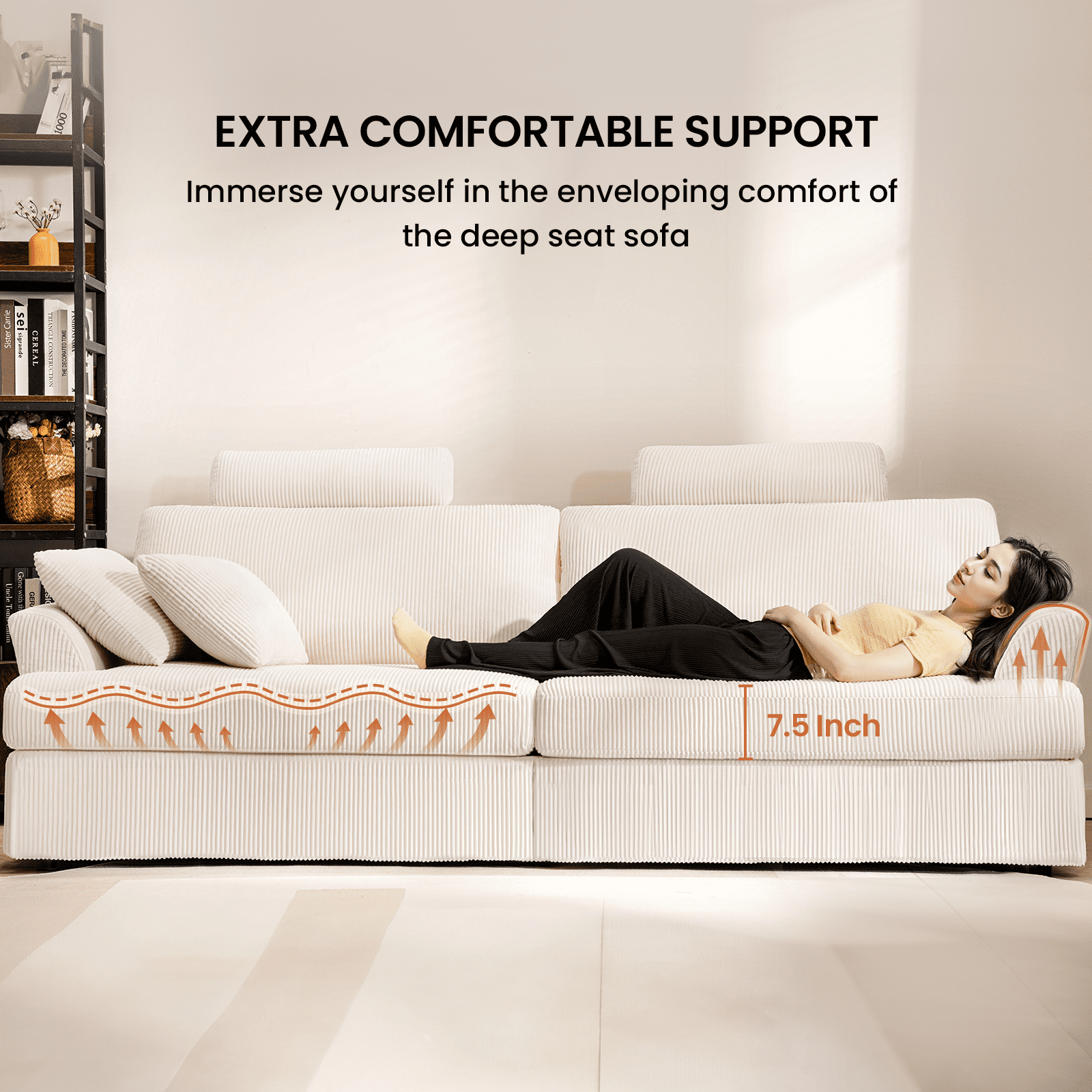 87" Cloud Comfy Sofa Couch with Deep Seat and Thick Cushion, Corduroy Upholstered Fabric Soft Couch for Living Room Office, Beige (Includes Headrest)