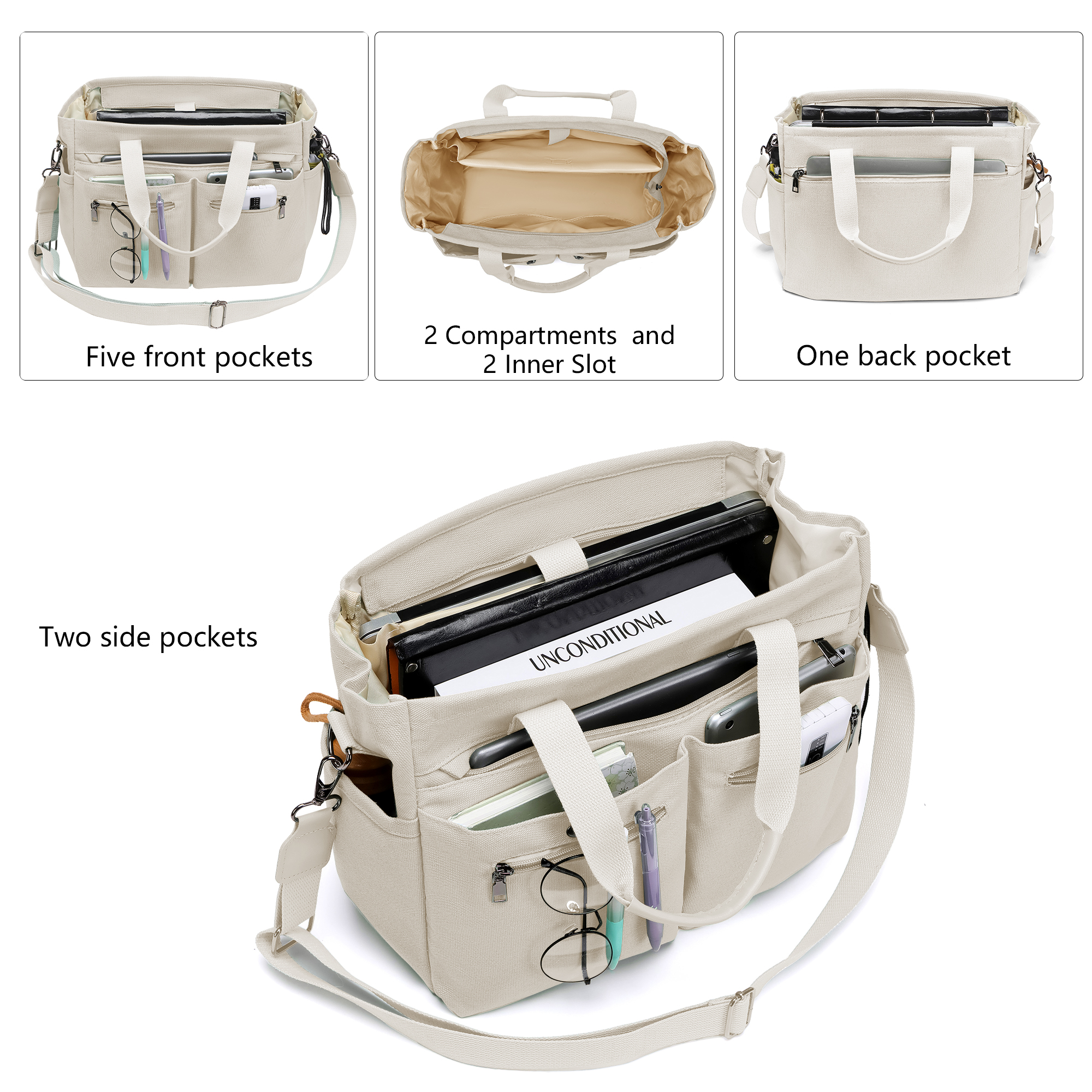 2pcs/Set Large Canvas Tote Bags for Women – Laptop-Friendly Work Totes with Crossbody/Shoulder Straps | Ideal for Travel, Gym & Daily Use