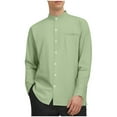 thumbnail image 3 of UVEASISHA Band Collar Linen Shirts for Men Long Sleeve Casual Button Down Shirt Side Slit Lightweight Business Work Shirts Green M, 3 of 7