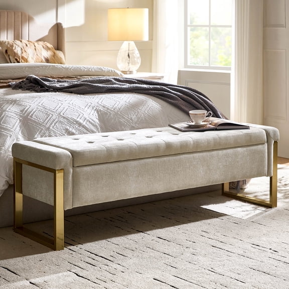 Tina's Home 55" Upholstered Storage Entryway Bench with Gold Metal Legs For End of Bed Ottoman Beige