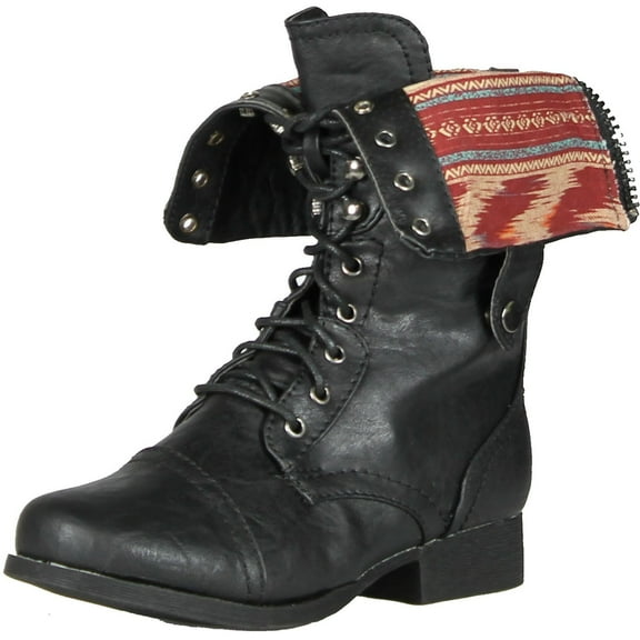 Wild Diva Women Jetta-25F Lace Up Combat Military Boots With Foldable Cuff, Black, 5.5