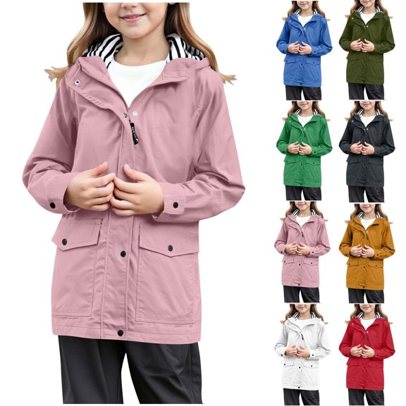 Rciityk Boys Girls Waterproof Rain Jacket Lightweight Windbreaker Hooded Raincoat Fall Fashion Solid Color Zip up Rain Coats with Pockets Casual Outerwear