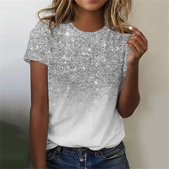 Kayannuo Womens Blouses Short Sleeve T Shirts for Women Valentine's Day Women's Casual Sparkling Crystal Printed Round Neck Short Sleeved Top