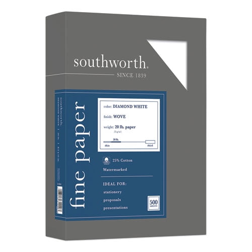 Southworth 25% Cotton Diamond White Business Paper, 95 Bright, 20 lb, 8.5 X 11, 500/ream | Bundle of 5 Boxes