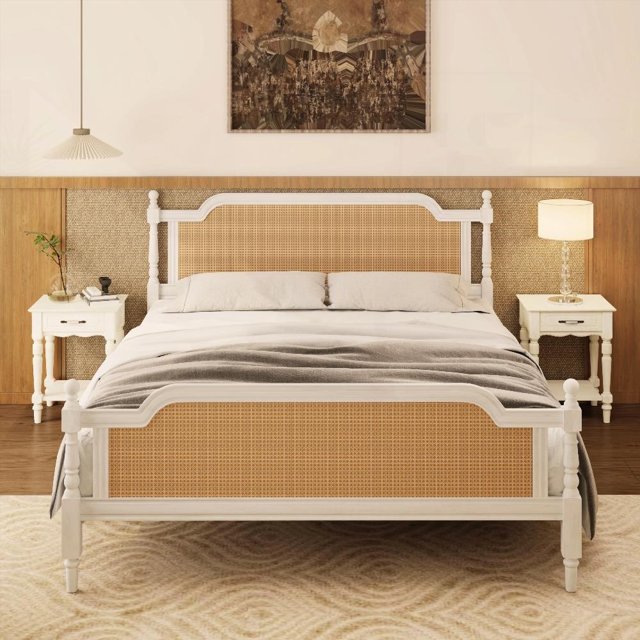 Better Sleep & Elegant Style: French Provincial Bed in Two Colors & Rattan Craftsmanship