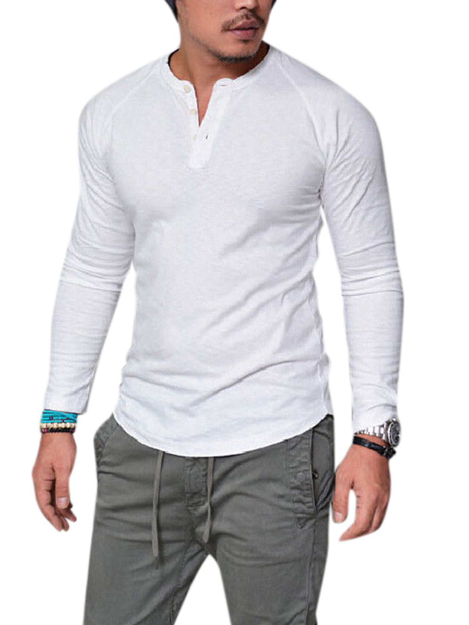 Mens Slim Long Sleeve Stylish Luxury V Neck Cotton T Shirt Plus Size