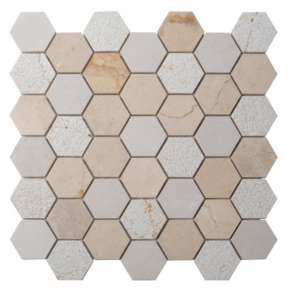 5 pack Beige 11.8 in. x 12 in. Hexagon Marble Polished and Etched Mosaic Floor and Wall Tile (4.92 sq. ft./Case)