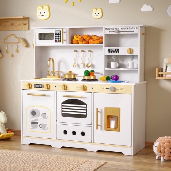 Reasea Play Kitchen for Kids, Wooden Kids Kitchen Playset with Realistic Lights & Sounds, Toy Kitchen Set with Smart Storage & Fun Accessories, Gift for Ages 3 , White & Gold