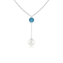 ANGARA South Sea Cultured Pearl & London Blue Topaz Lariat Necklace in 14K White Gold for Women | June Birthstone, Birthday, Anniversary, Jewelry Gift for Women | Pearl Necklace