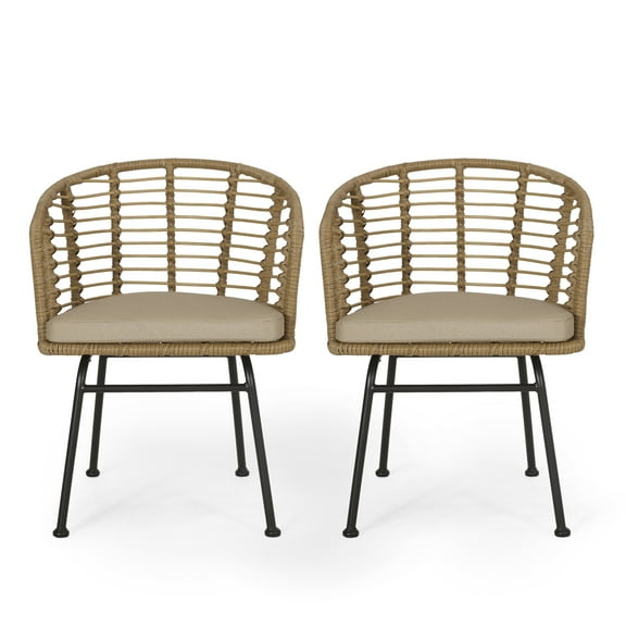 Sonnette Wicker Outdoor Chair with Water Resistant Cushion, Set of 2, Light Brown and Beige