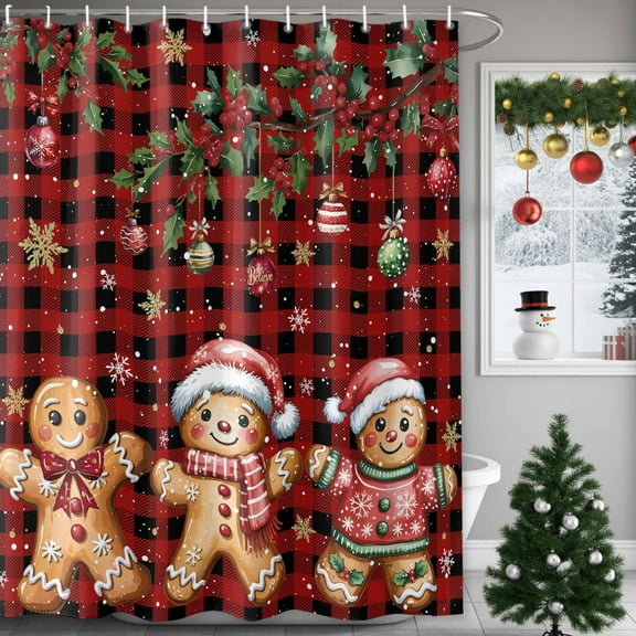Christmas Shower Curtain Gingerbread Man Shower Curtains for Bathroom Winter Holiday Xmas Decor, Waterproof Polyester Shower Curtain Set with Hooks, 72" x 72" Snowflakes Christmas Ball Red Plaid