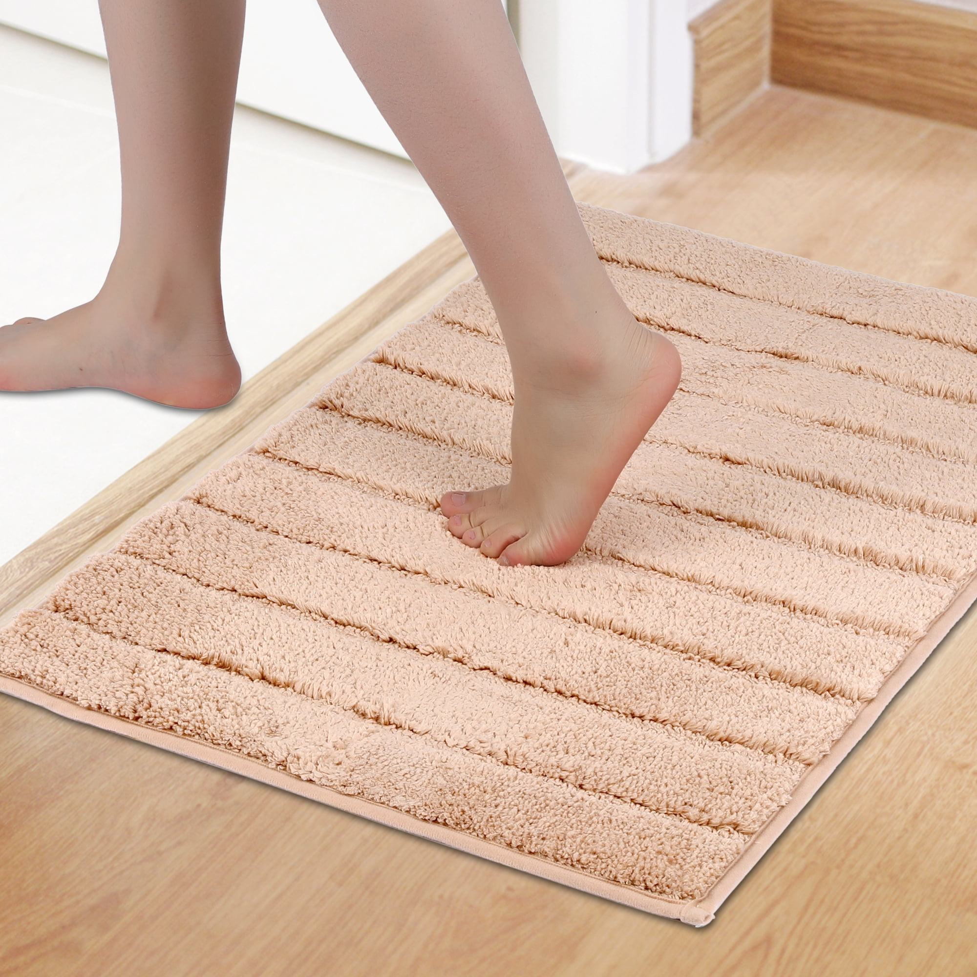 Unique Bargains Soft Stripe Bathroom Rug Rubber Backing Quick Dry Bath Rug Khaki 20" x 32"