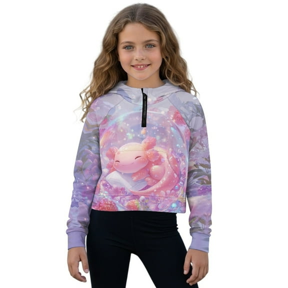 Xoenoiee Axolotl Strawberry Flower Print Girls Quarter Zip Hoodie Pullover Long Sleeve Shirts Half Zip Sweatshirt Casual Crop Top Trendy Clothes, 9-10 Years