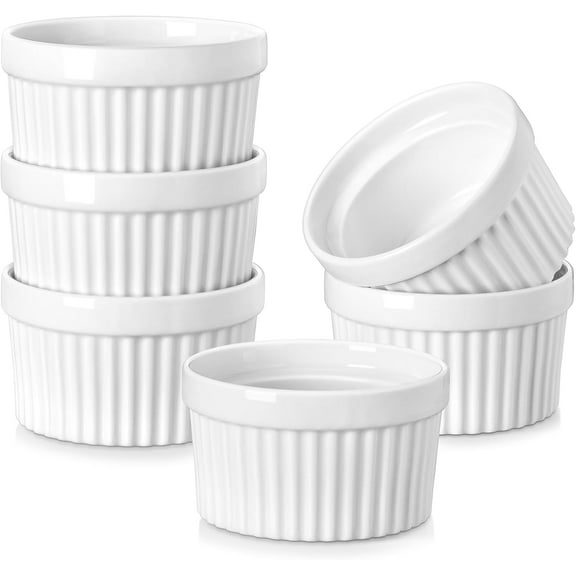 Ramekins 6 oz Oven Safe, Porcelain Creme Brulee Ramekins Pudding Custard Cups, Small Ceramic Souffle Dishes, Baking Bowls Set of 6, White