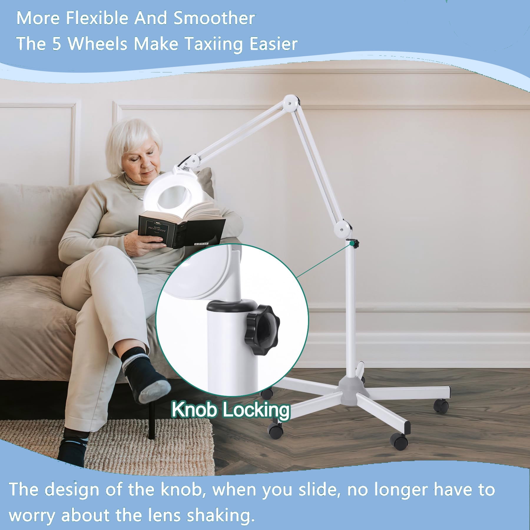 MagnieOpti Magnifying Glass with Light and Stand, Floor Lamp with 5 Wheels Rolling Base for Lash Estheticians Facials, 2200 Lumens Stepless Dimmable, LED Lighted Standing Magnifier for Sewing Crafts